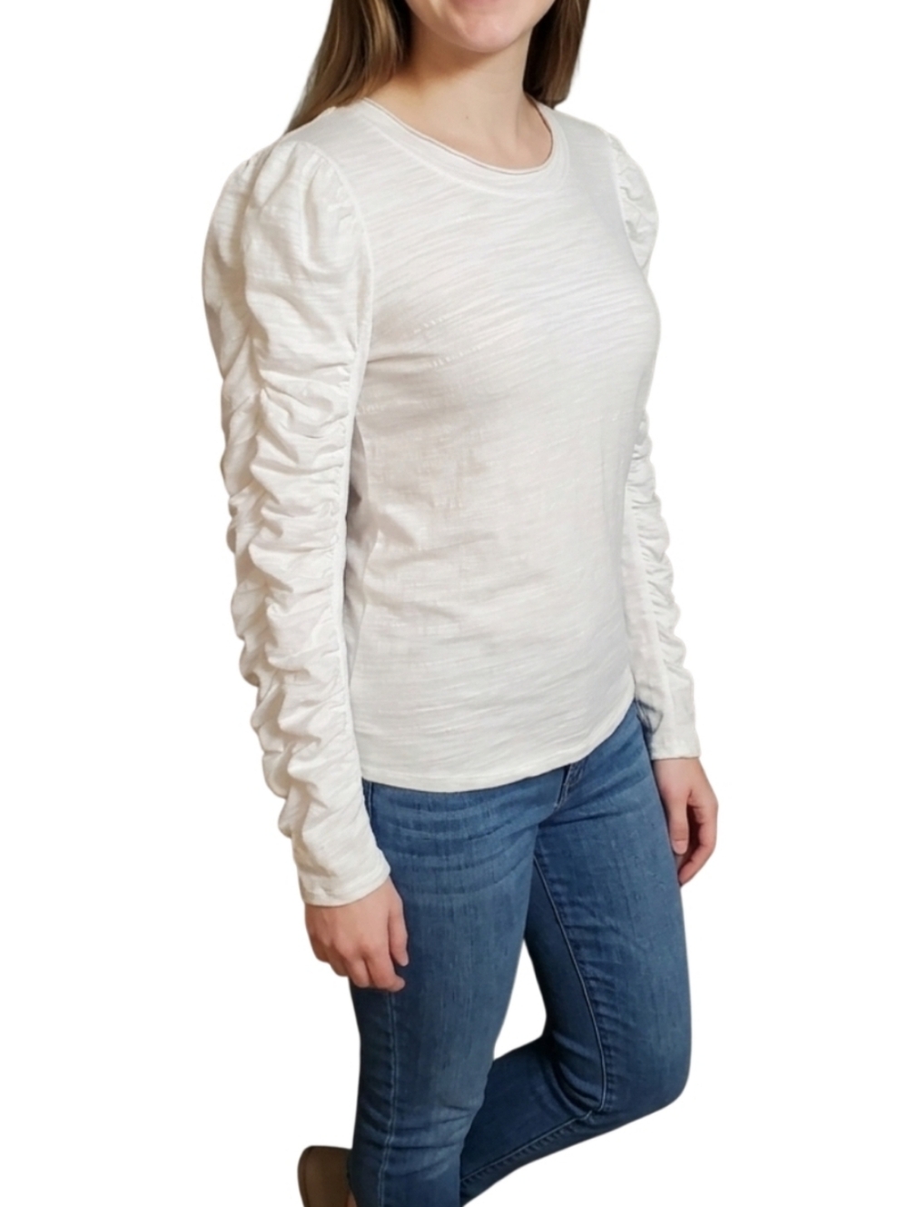 Free People We The Free White Ruched Puff Sleeve Long Sleeve Tee Size Small